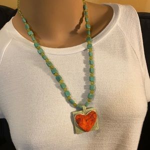 Hand painted red heart stone pendant and beaded necklace